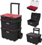 Keter Stack-n-Roll Modular Tools Organizer for Garage Storage and DIY, 3 Piece Resin Rolling Tool Box System for Small Parts, Black